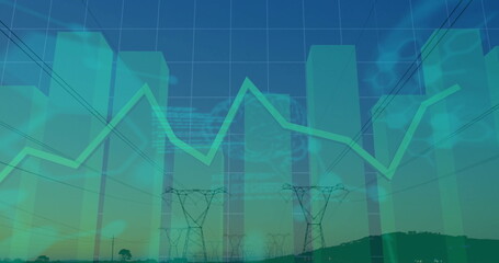 Combining translucent bar charts and zigzag graph over grassy plain with transmission towers, grid