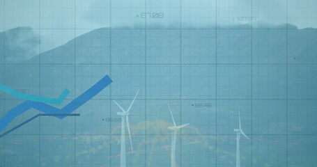 Displaying central white wind turbine standing on foggy hillside, with grid overlay and line graphs