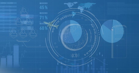 Circular HUD 3D globe visualization rotating in dashboard, with airplane icon and bar charts