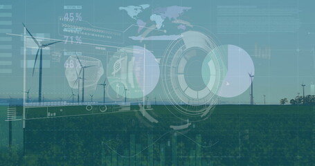 Displaying wind turbines overlaying circular HUD graphics and bar charts on farmland, with metrics
