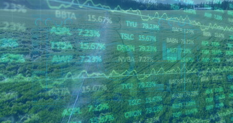 Overlaying data panels over field in meadow, featuring line chart, percentage values and tickers