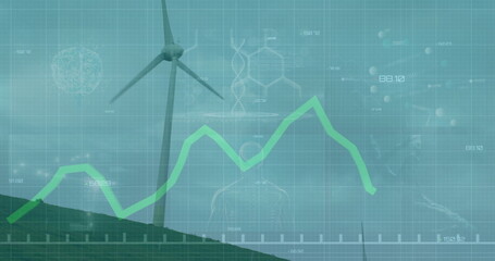 Standing wind turbine displaying grid with green graph on grassy hill, with scientific motifs