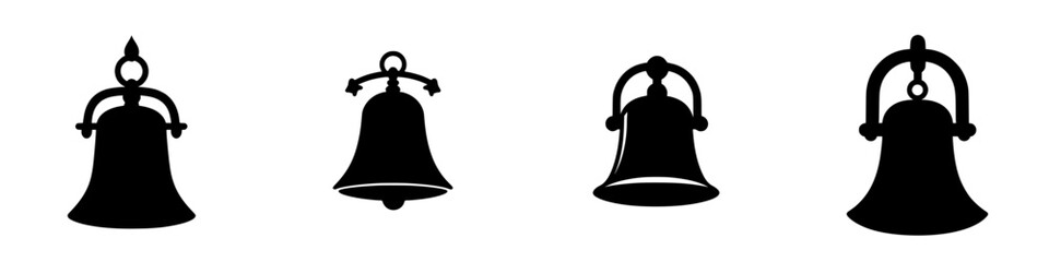 Collection of simple black silhouettes of various bell designs showcasing different shapes and sizes