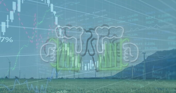 Stylized beer mugs icon clinking in grassy wind farm plain, with candlestick chart overlays