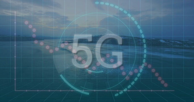 Fototapeta Displaying semi-transparent 5G text overlaying ocean view with HUD circles, dotted lines, grid axes