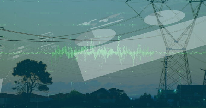 Displaying transmission tower with power lines at town outskirts with digital overlays, copy space
