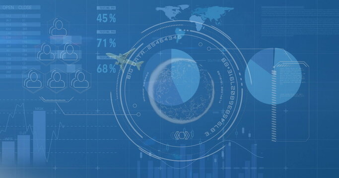 Circular HUD 3D globe visualization rotating in dashboard, with airplane icon and bar charts - Powered by Adobe