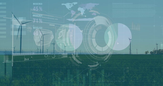Displaying wind turbines overlaying circular HUD graphics and bar charts on farmland, with metrics