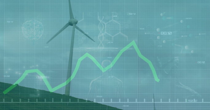 Fototapeta Standing wind turbine displaying grid with green graph on grassy hill, with scientific motifs