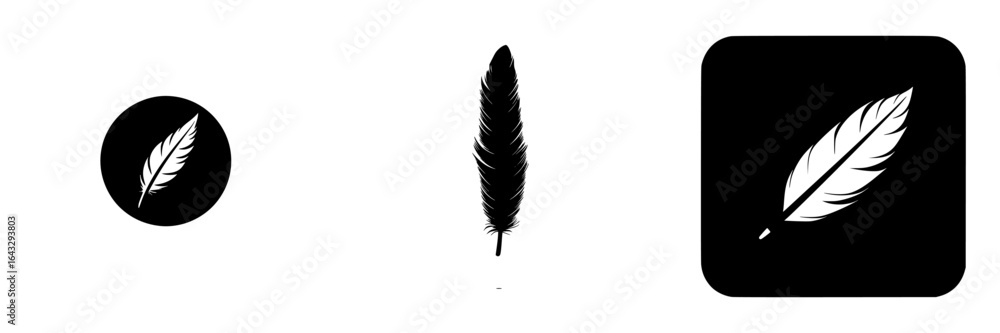 Poster minimalist representations of a feather in various styles against contrasting backgrounds