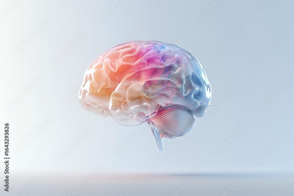 Poster translucent anatomical brain model with colorful gradient from orange to pink and blue, glowing on l