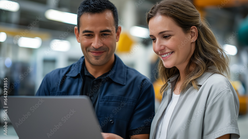 Poster engineers analyzing data in modern factory for robotics optimization