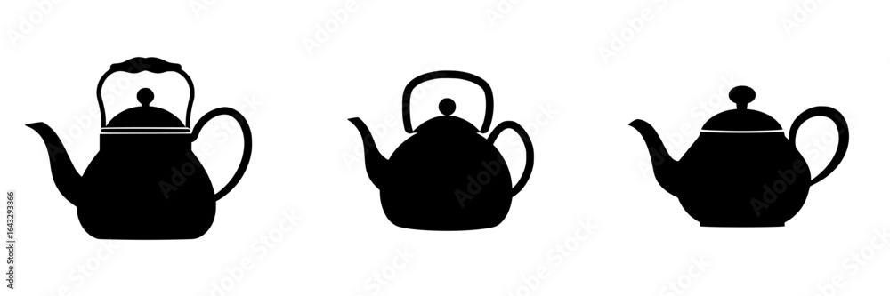 Poster silhouette collection of three distinct teapots in minimalist design showcasing various shapes and s