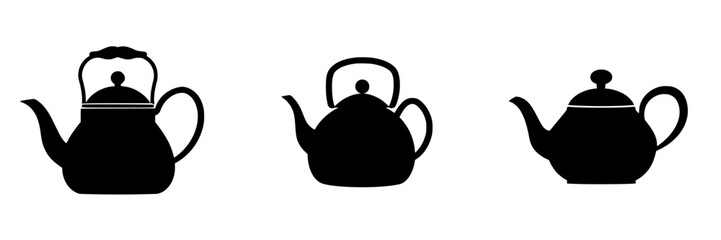 Obraz premium Silhouette collection of three distinct teapots in minimalist design showcasing various shapes and styles