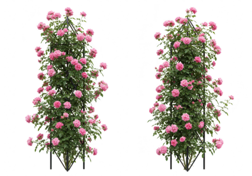 Two pink climbing roses on trellises, isolated on transparent background
