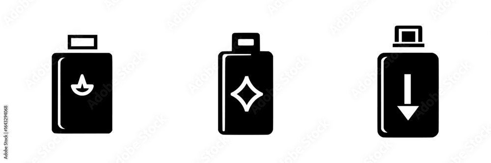 Aufkleber bottles with distinct shapes and symbols designed for various uses on a minimalist background