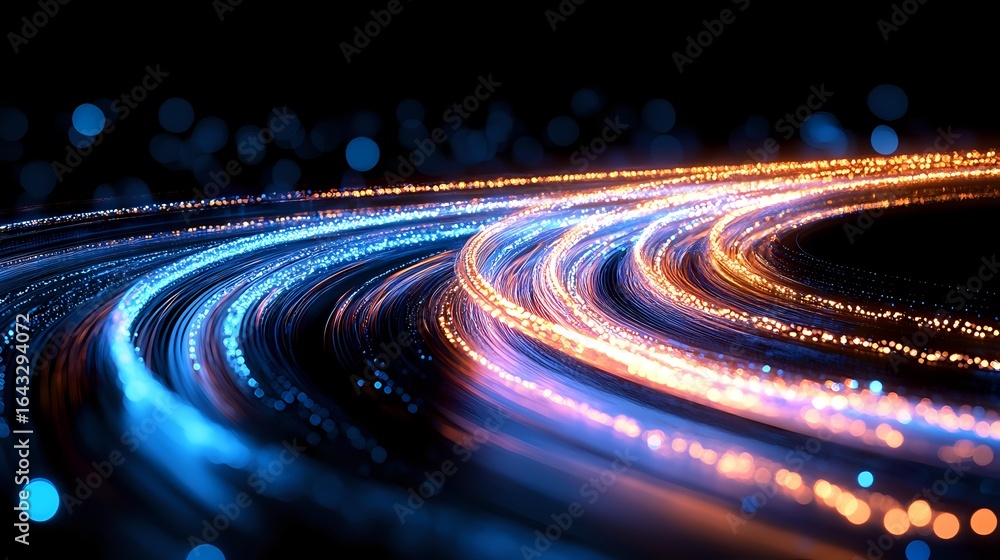 Poster glowing curved light trails in blue, orange and pink colors against dark background create dynamic m
