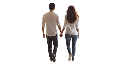 A couple walking away holding hands wearing casual clothes from behind on a black background in studio