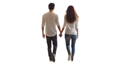 A couple walking away holding hands wearing casual clothes from behind on a black background in studio