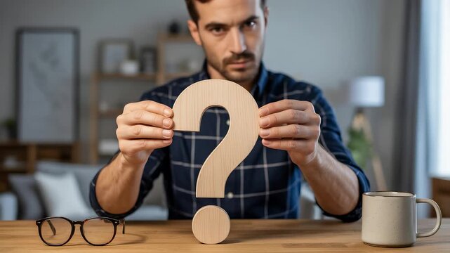 Man sitting at desk holding large wooden question mark with serious expression beside eyeglasses and coffee mug in home office setting

