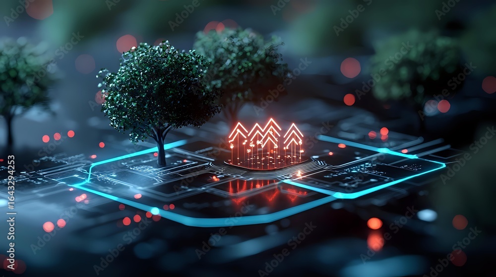 Poster glowing miniature house on digital circuit board with trees, neon blue light paths and bokeh effects