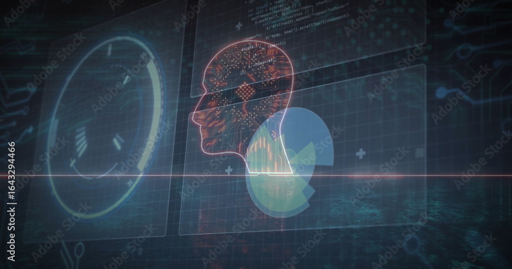 Poster displaying hologram head glowing with circuit network on grid plane, radar hud, chart, code window