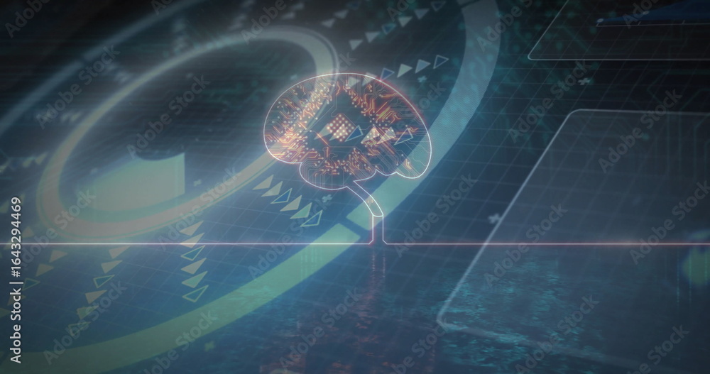 Poster stylized brain graphic projecting circuitry patterns on stem in hologram, with grid plane and arcs