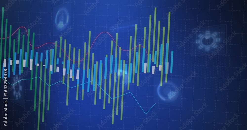Poster colored bar charts and red and cyan lines moving on dashboard, with grid and holographic icons