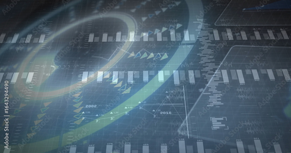 Poster digital dashboard displaying bar and line graphs with light trails, arrow markers, and year labels
