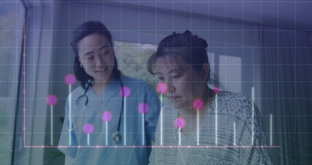 Reviewing nurse in scrubs with stethoscope and patient consulting in home clinic, with data overlay