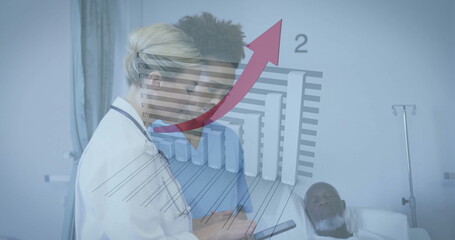Doctor and nurse reviewing tablet data in hospital, with bed IV stand curtain chart overlay