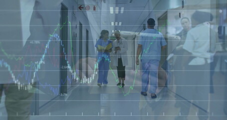 Walking senior doctor in coat and nurse holding folder in hospital corridor with graph overlay