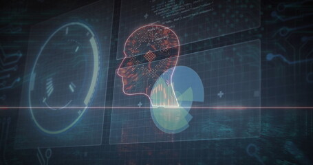 Displaying hologram head glowing with circuit network on grid plane, radar HUD, chart, code window
