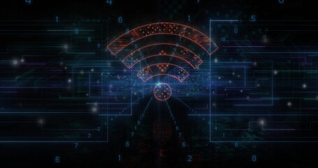 Glowing WiFi symbol sending data along blue circuit traces in network space, with floating numbers
