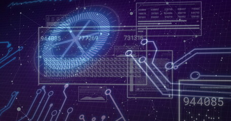 Displaying circular visualization rotating in purple grid with numbers, circuit traces and frames