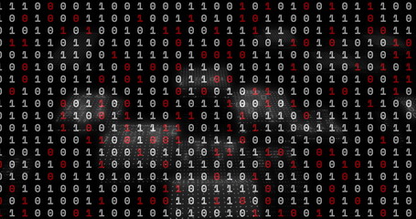 Streaming white and red binary digits forming grid on dark digital display, with layered overlap