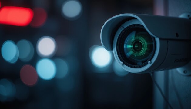 Nighttime security camera observing blurred city lights - Powered by Adobe