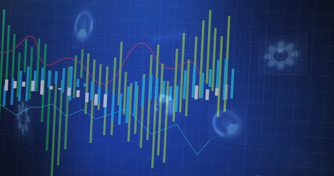 Colored bar charts and red and cyan lines moving on dashboard, with grid and holographic icons