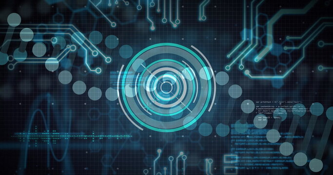 Displaying central circular HUD interface glowing over digital display, with floating nodes