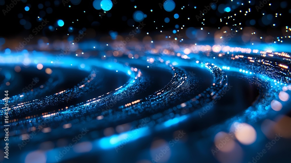 Poster glowing blue spiral pattern with shimmering bokeh lights and sparkles on dark background creates mes