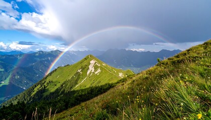 Mountainous landscape with double rainbow