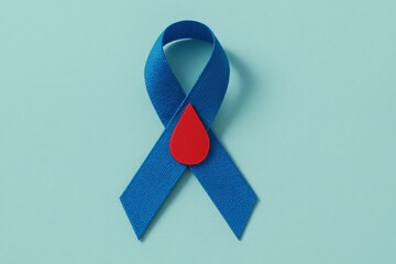 Awareness ribbon with a prominent red blood drop symbolizes support for diabetes research and provides hope for improved healthcare globally.