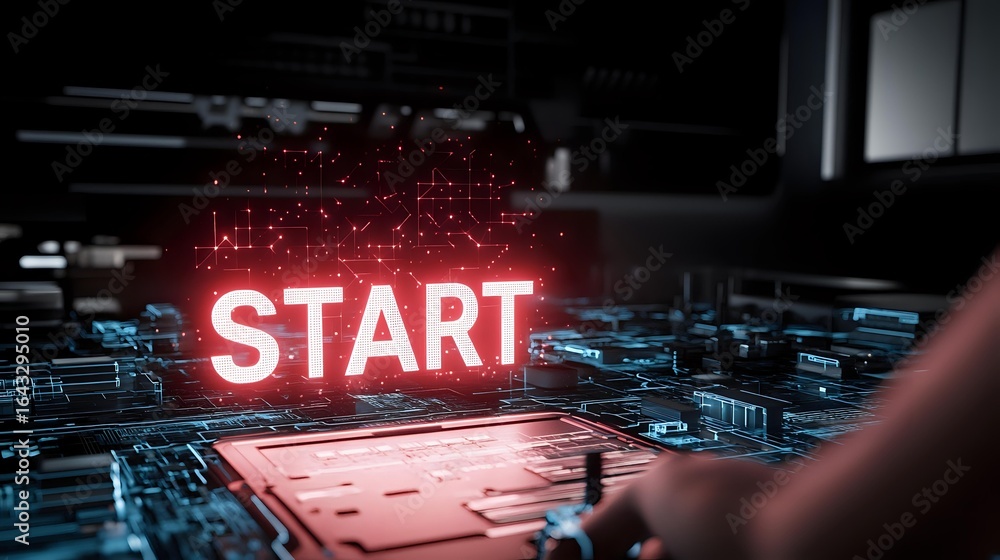 Poster glowing red start text floating above futuristic circuit board pattern with blue technological eleme