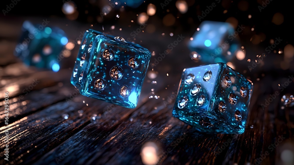 Poster glowing blue translucent dice with bubbles floating on dark wooden surface, magical gaming atmospher