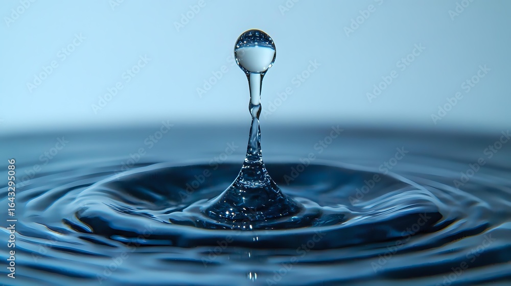 Poster water drop splash creating crown shape with sphere droplet suspended above rippling circles on blue 