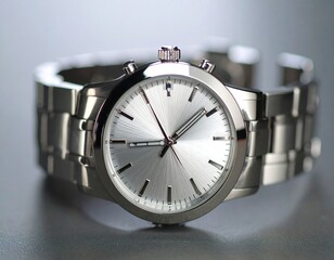 Sleek silver wristwatch with metallic band, reflecting light