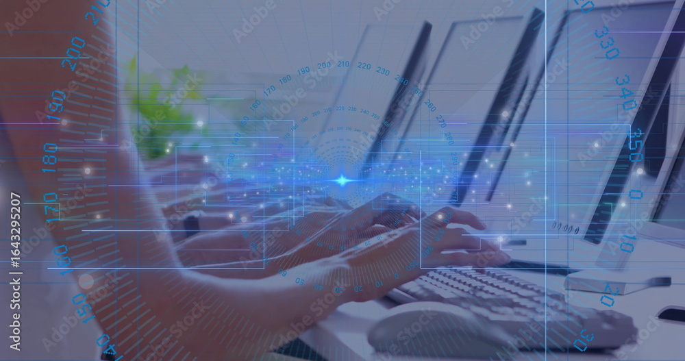 Aufkleber typing hands pressing keys on white keyboard in office workspace, with hud graphics and monitors