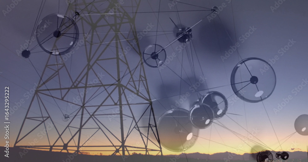 Poster standing power tower sending futuristic network across open plain, with floating nodes, copy space