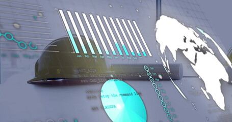 Displaying safety helmet overlaid with data charts in digital workspace, with coding and world map