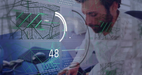 Bearded analyst analyzing hologram maps and diagrams on glass panels in control room, copy space